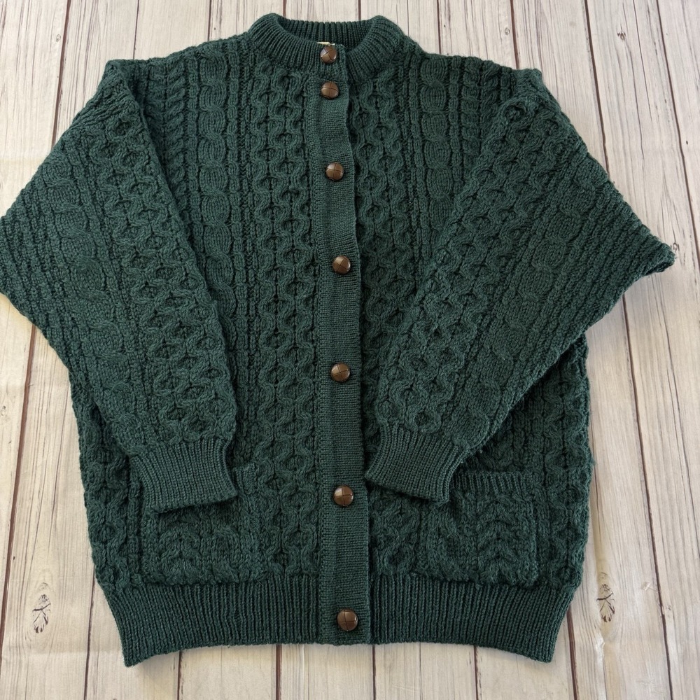 Cladyknit Irish Aran Wool Cardigan Cable Knit Greem Button Front Medium Women's